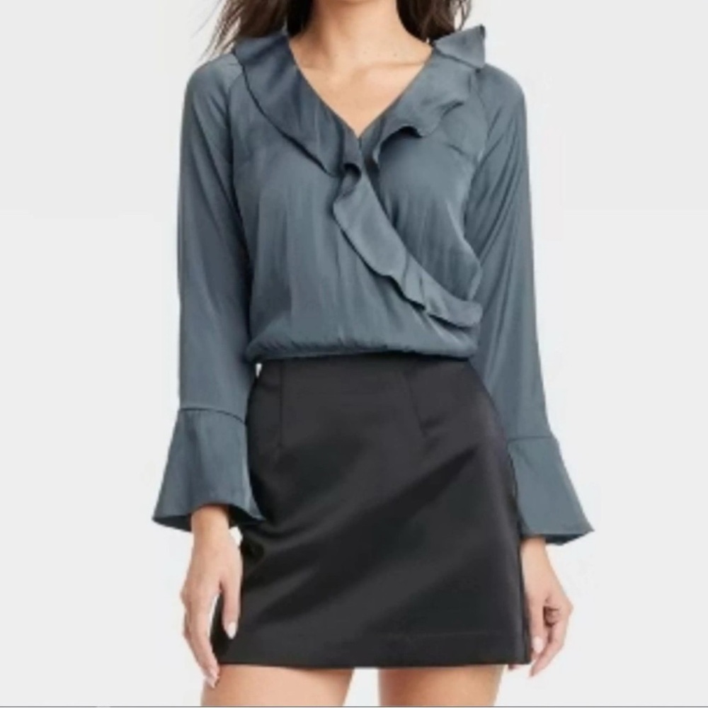 A New Day Target Ruffle Wrap Blouse Size Medium Teal Blue Flounce Long Sleeve